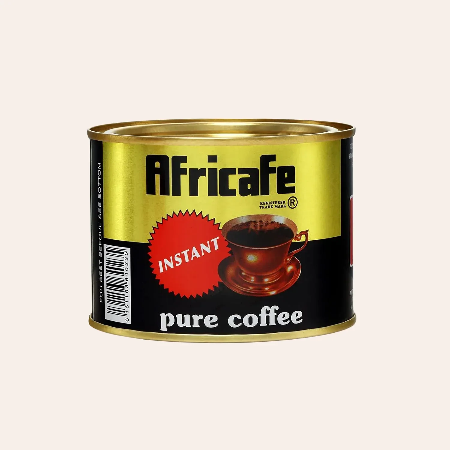 Africafe Premium Instant Coffee — 100g gold and black tin with a cup of black coffee and an 'Instant' seal