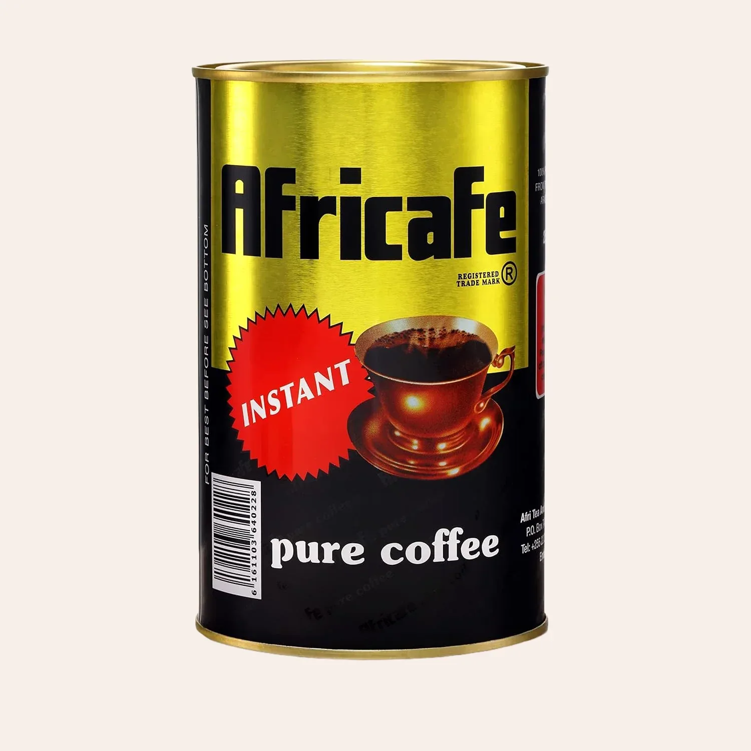Africafe Premium Instant Coffee — tall 250g gold and black tin labelled 'pure coffee, instant'
