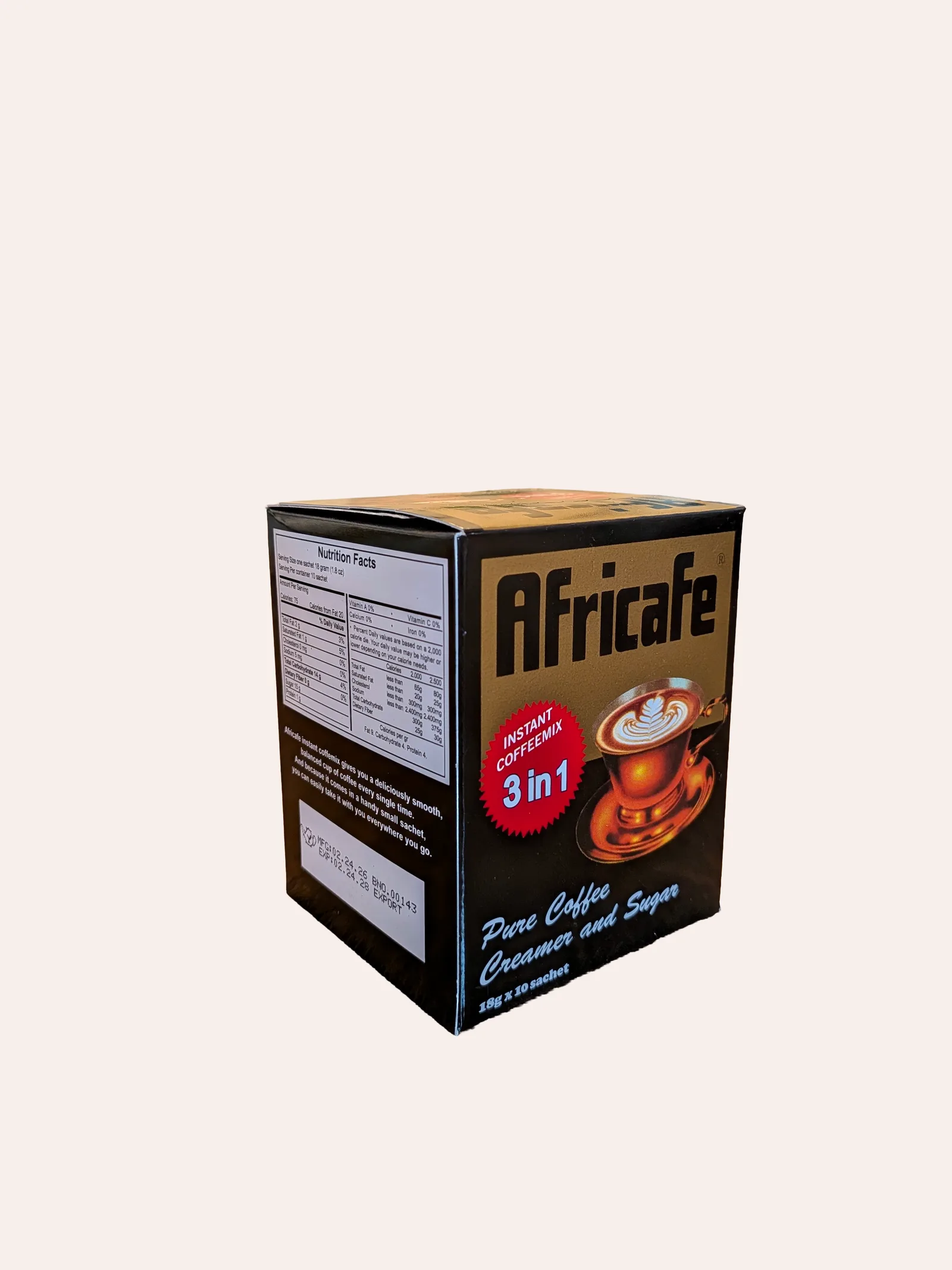 Africafe Instant Coffeemix 3 in 1 — a gold and black box shown at an angle, with a red '3 in 1' seal, a photograph of a cup of coffee with latte art, and 'Pure Coffee, Creamer and Sugar — 18g x 10 sachets'; a nutrition facts panel is visible on the side